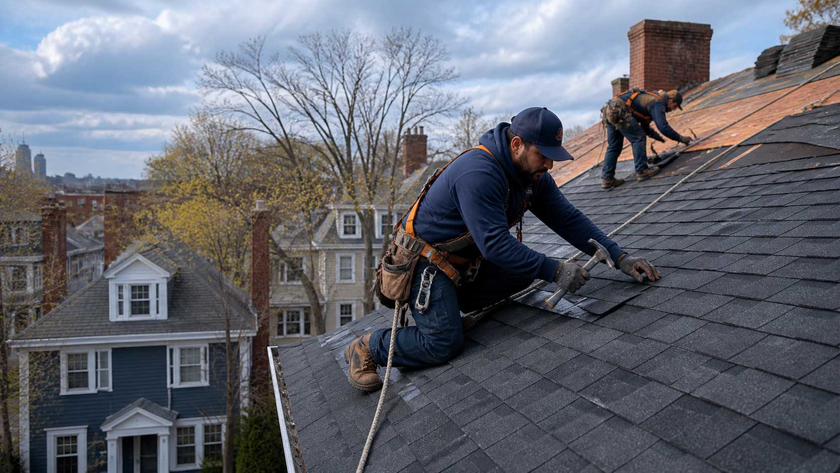 Roofing contractor working on a Massachusetts commercial roof