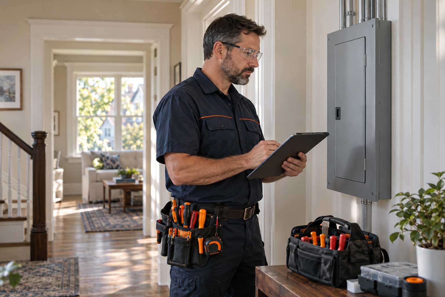 Electrician in safety glasses and a tool belt reviewing a tablet beside a residential electrical panel