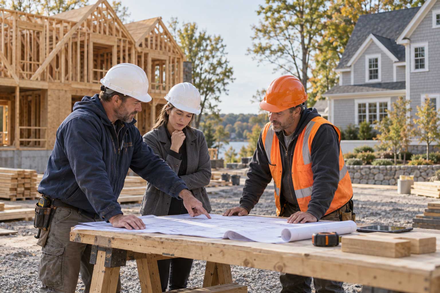 Three builders in hard hats reviewing blueprints on a worktable at a residential construction site