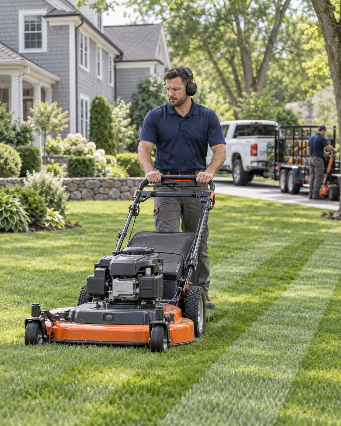 Lawn care professional in ear protection pushing a commercial mower across a striped residential lawn, with a work truck and trailer behind
