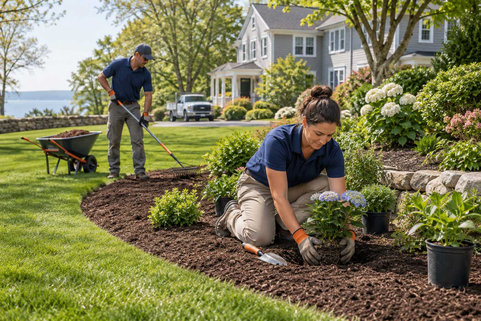 Lawn-care crew planting shrubs and spreading mulch at a Massachusetts property