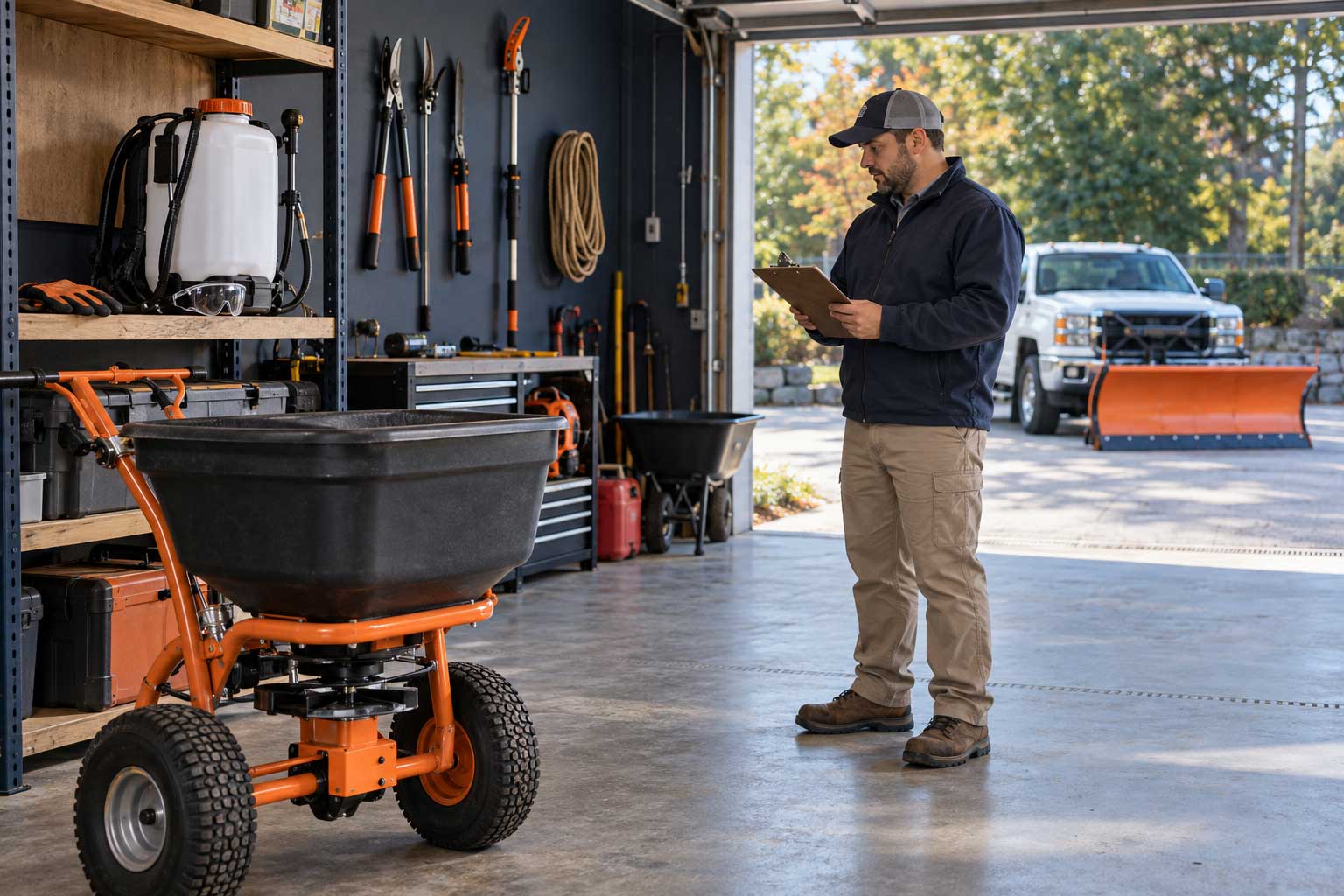 Lawn-care business owner reviewing a spreader, sprayer, pruning tools, and snowplow