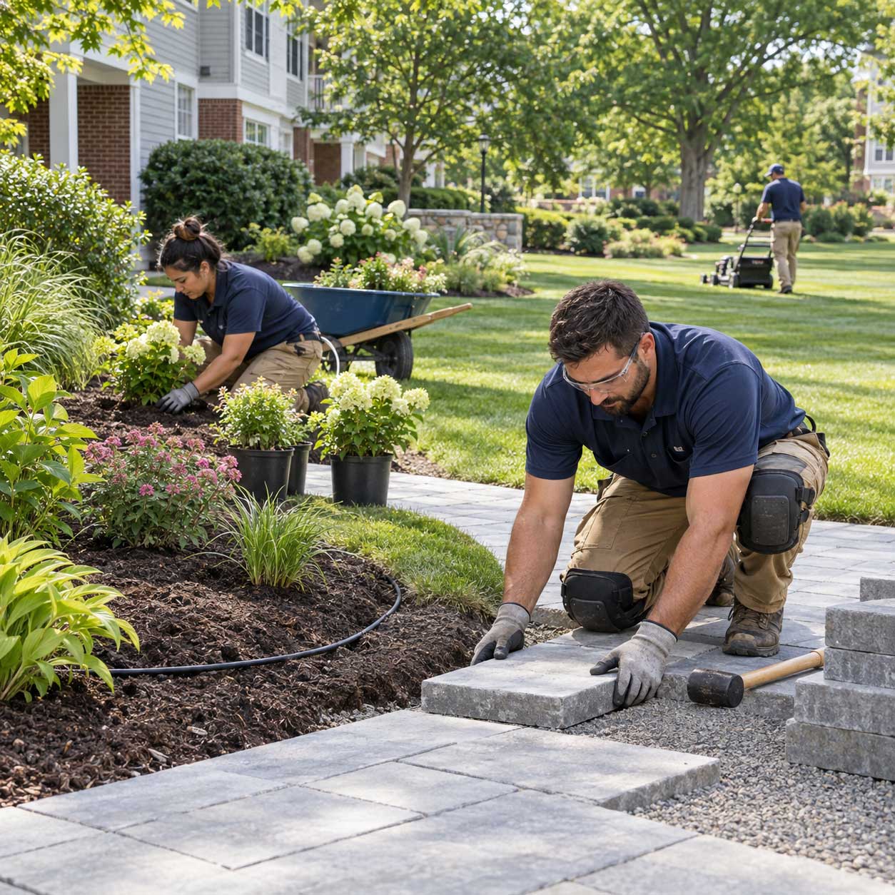 A landscaper sets paver stones for a walkway while a coworker plants flowers and another mows the lawn at a commercial property.
