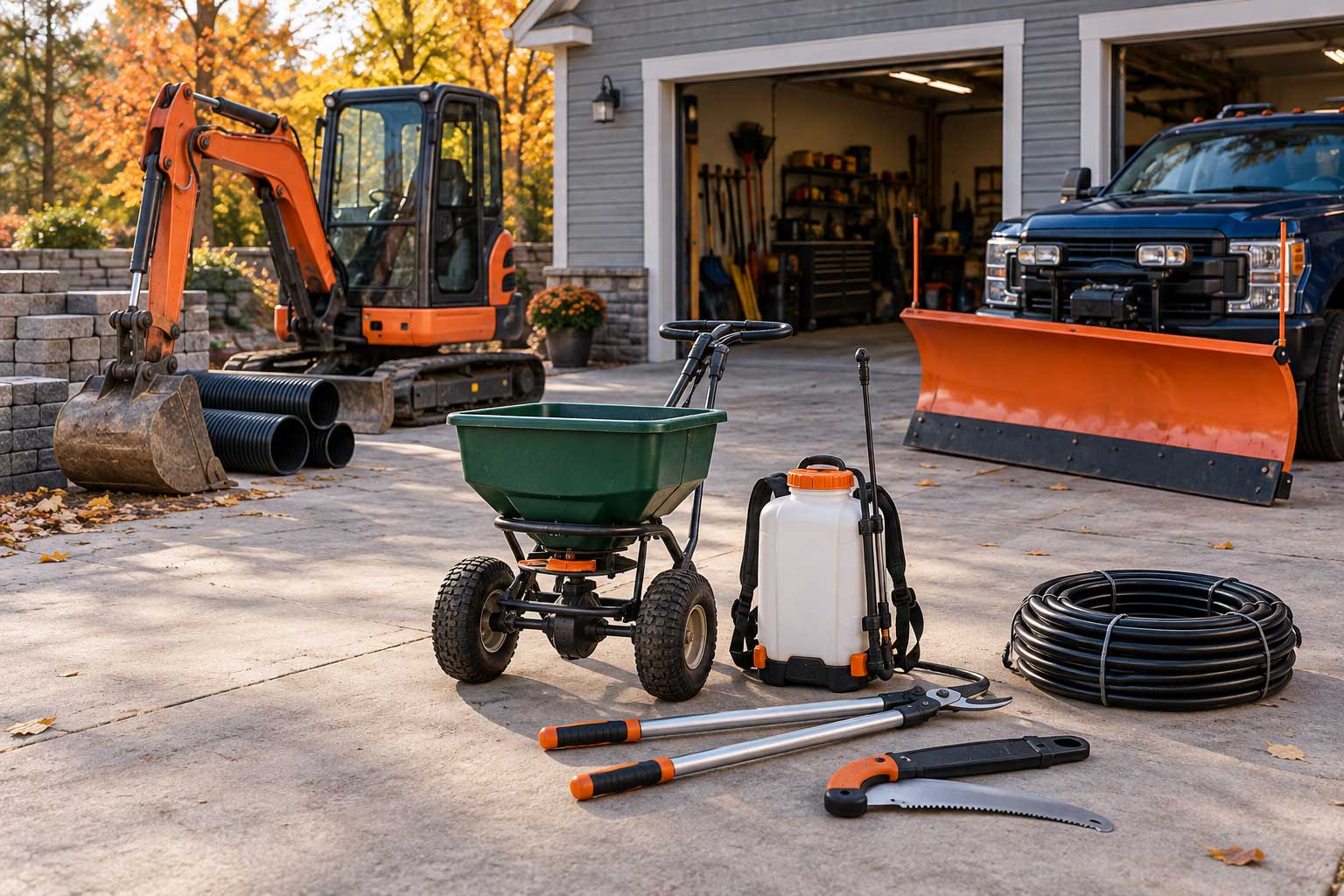 Landscaping equipment in a driveway, including a mini excavator, drainage pipe, a fertilizer spreader, a backpack sprayer, irrigation hose, pruning tools, and a truck with a snow plow.