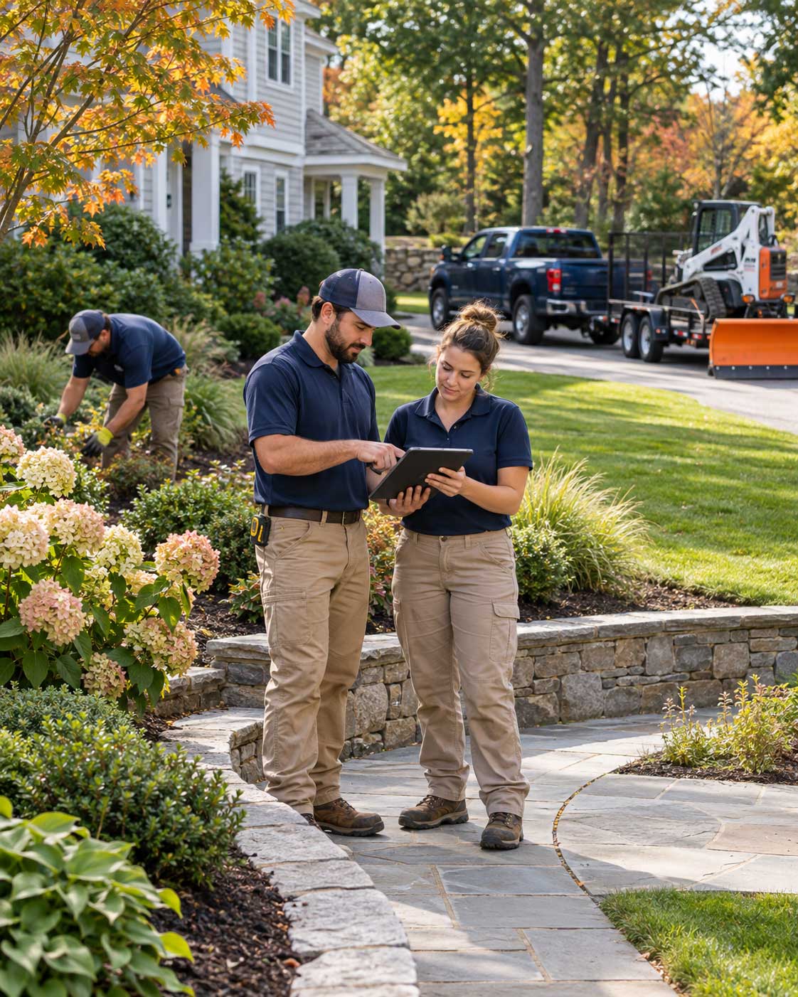 Two landscaping crew members review a tablet on a stone walkway beside a retaining wall while a coworker plants shrubs, with a pickup truck, trailer, and skid steer with a snow plow parked nearby.