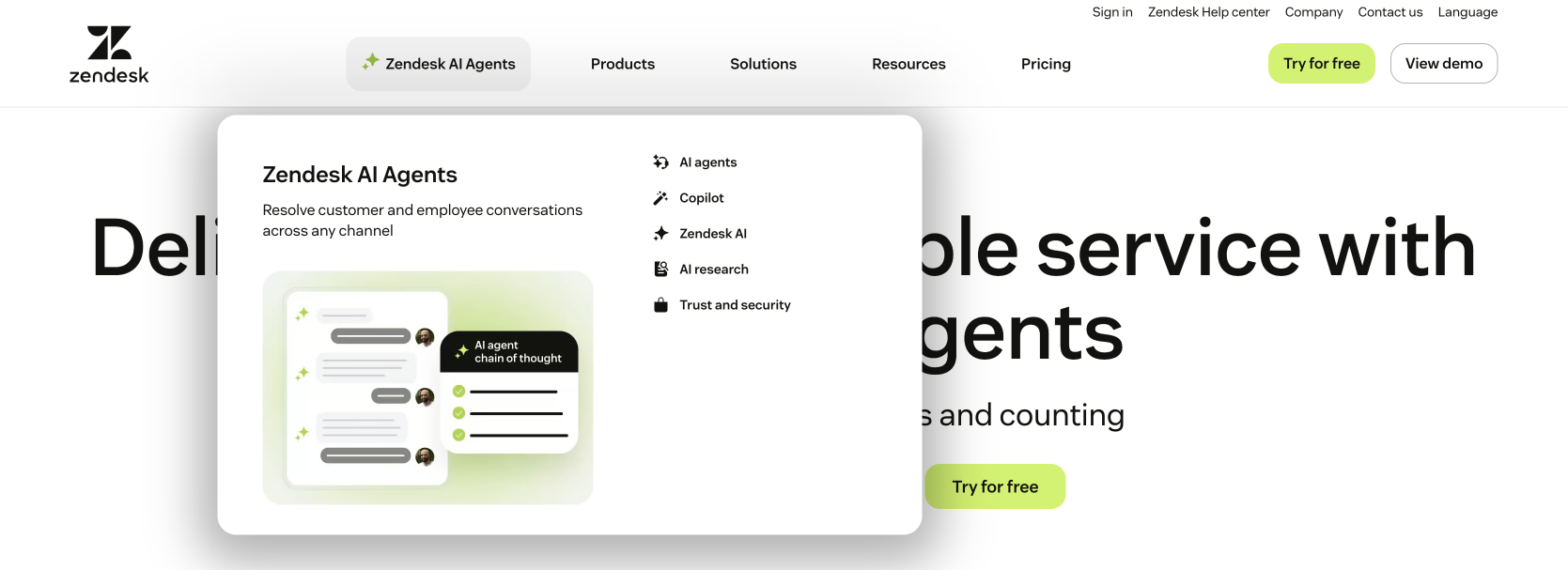 Screenshot of Zendesk's mega menu with the Zendesk AI Agents submenu opened.