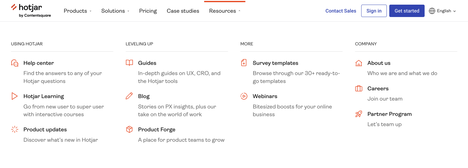 Screenshot of Hotjar's mega menu with the Resources submenu opened.