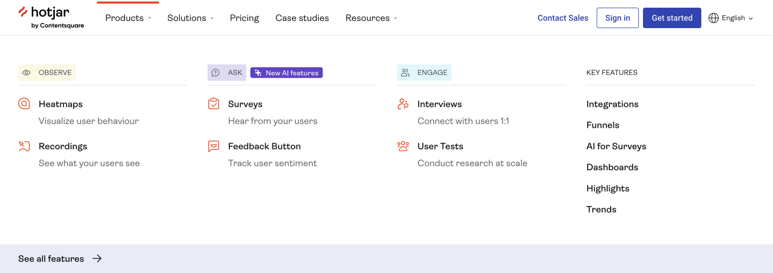 Screenshot of Hotjar's mega menu with the Products submenu opened.