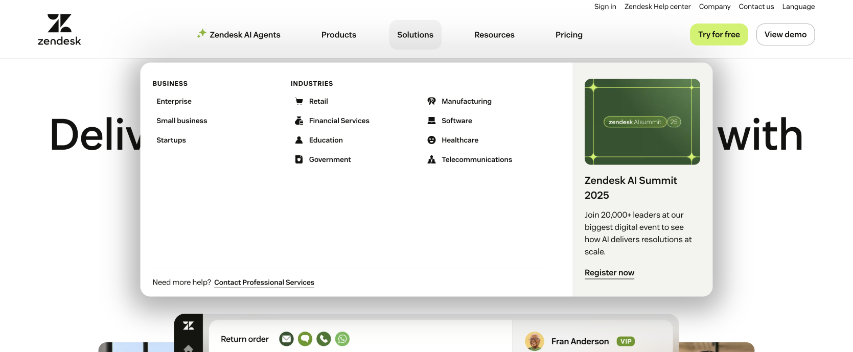 Screenshot of Zendesk's mega menu with the Solutions submenu opened.
