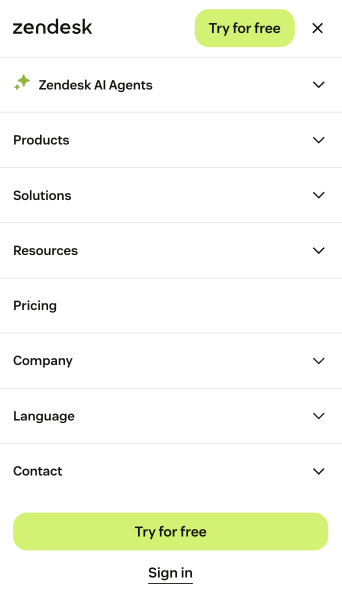 Screenshot of Zendesk's mobile mega menu.