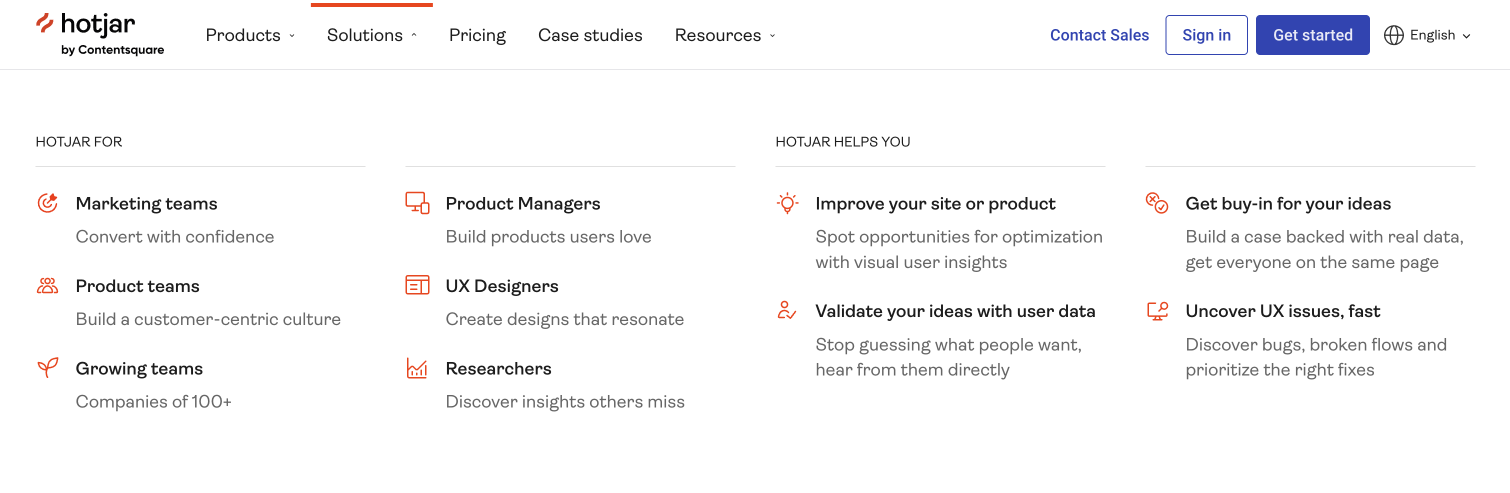 Screenshot of Hotjar's mega menu with the Solutions submenu opened.