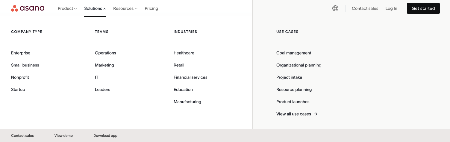 Screenshot of Asana's mega menu with the Solutions submenu opened.