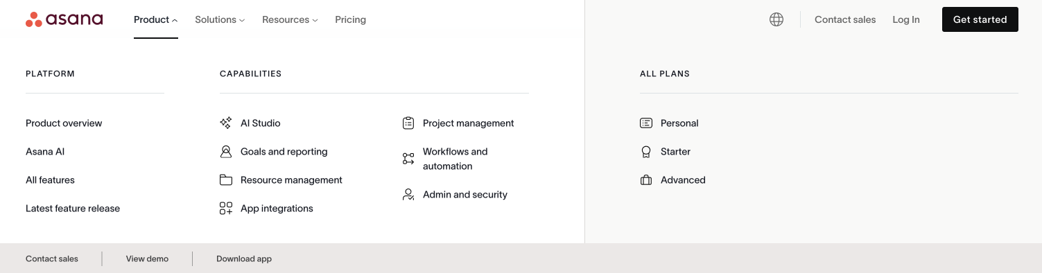 Screenshot of Asana's mega menu with the Product submenu opened.