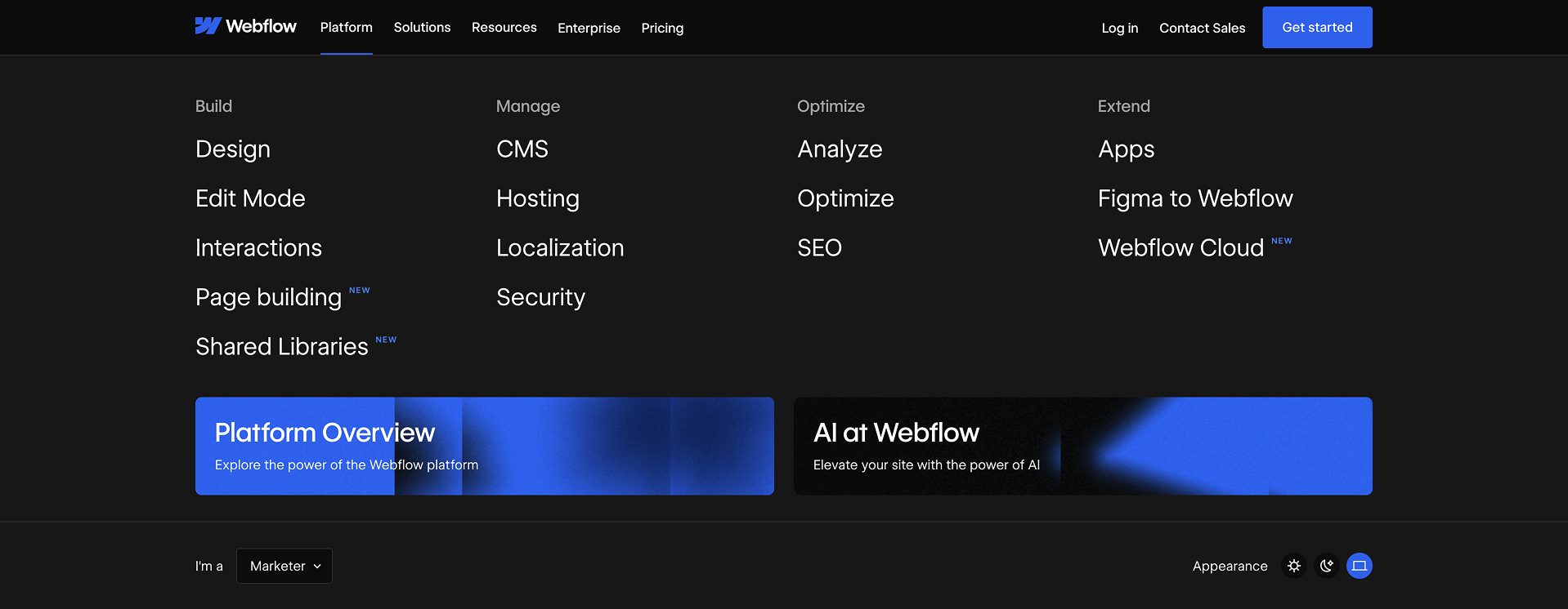 Screenshot of Webflow's mega menu with the Platform submenu opened.