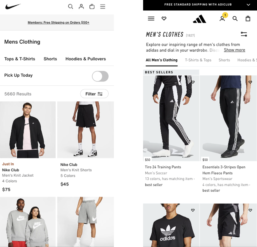Nike and Adidas mobile versions of the Men's Clothing category page.