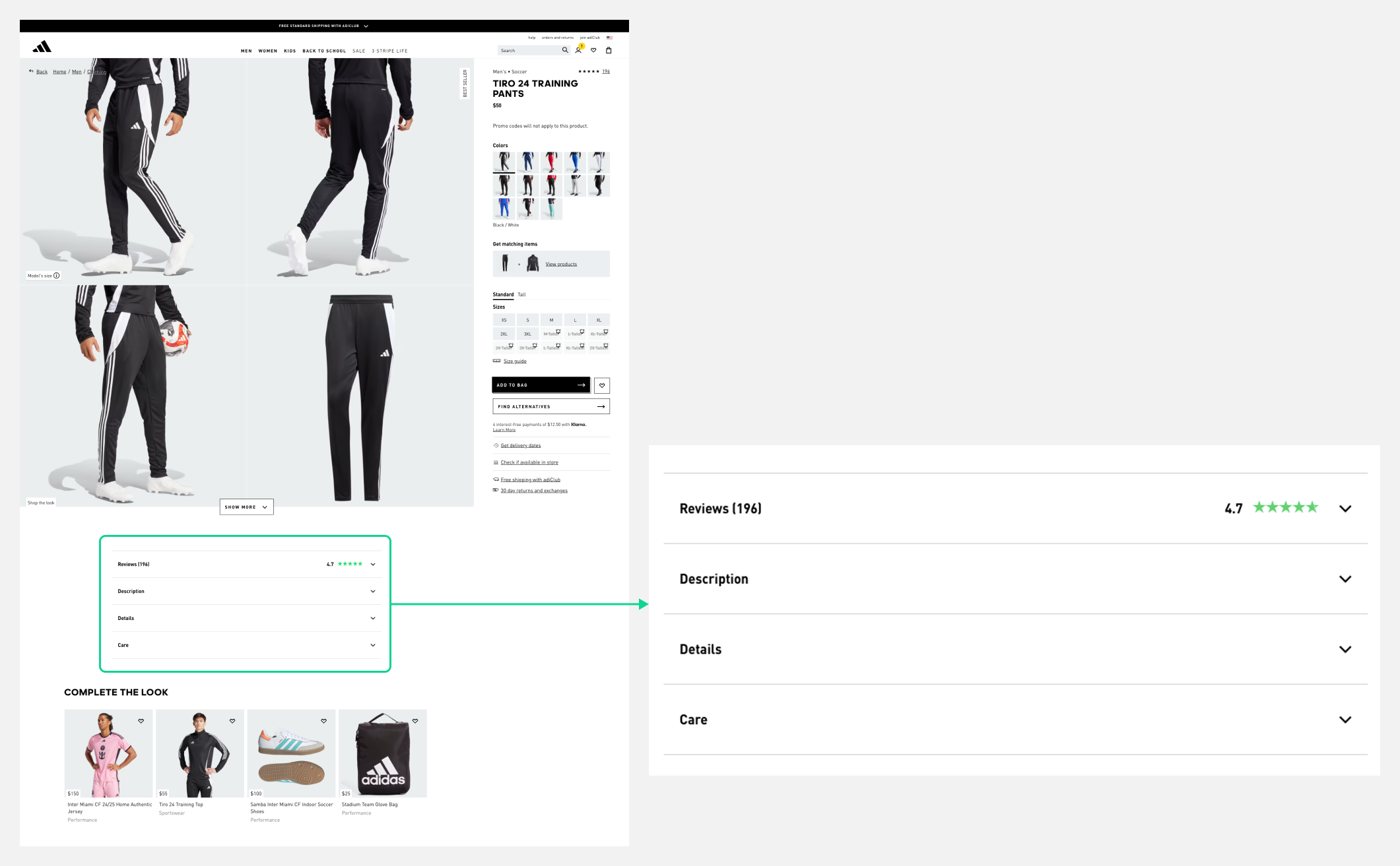 Adidas product page with the reviews section highlighted.