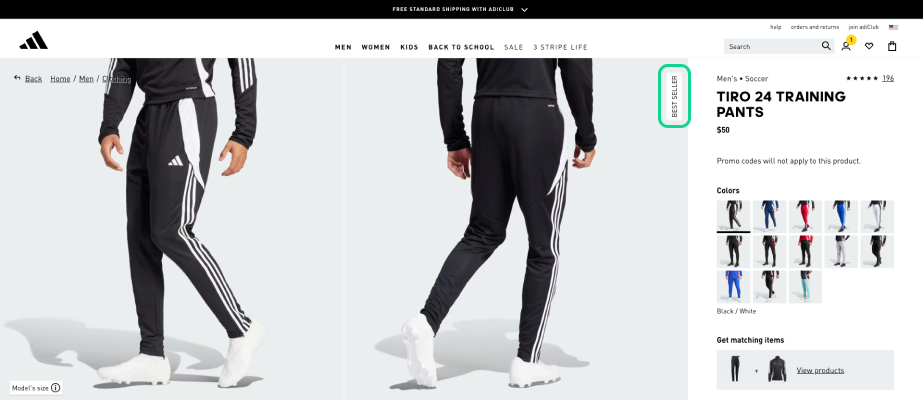 Adidas product page with the 'Best Seller' label highlighted.