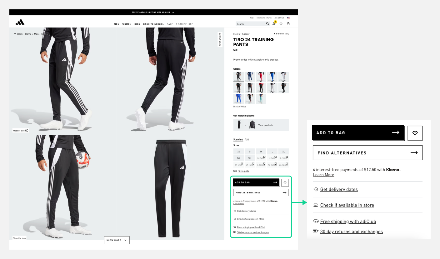 Adidas product page with delivery and return information highlighted.