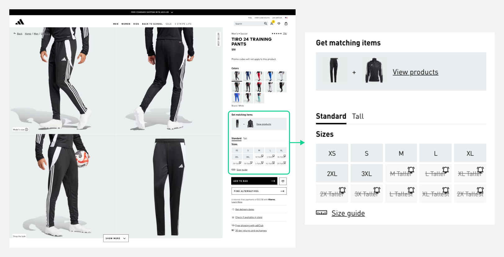 Adidas product page with cross selling section and size selection highlighted.