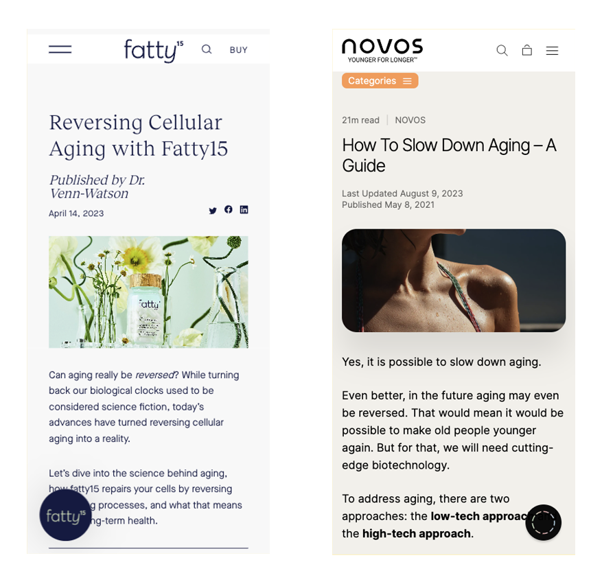 Above the fold area for blog post templates from Fatty15 and Novos.
