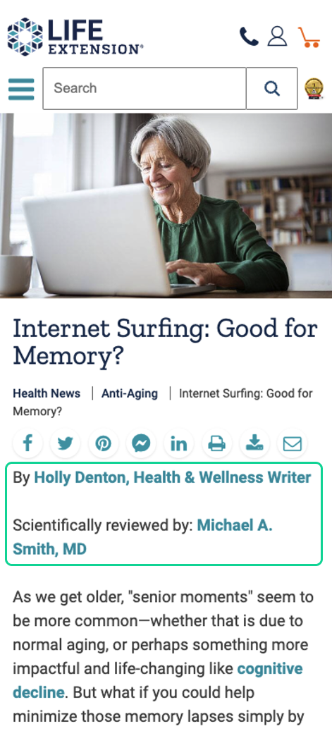 Mobile above the fold area for the Life Extension blog template with the expertise signals highlighted.
