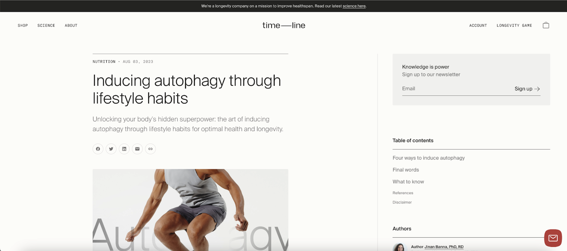 Desktop above the fold area of Timeline's blog post template.