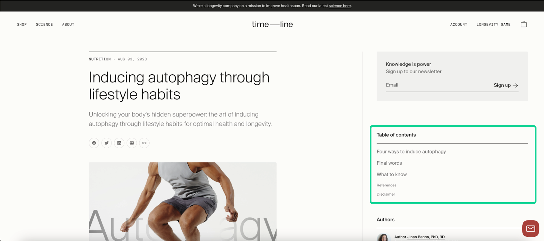 Screenshot of Timeline's blog template with the table of contents highlighted.