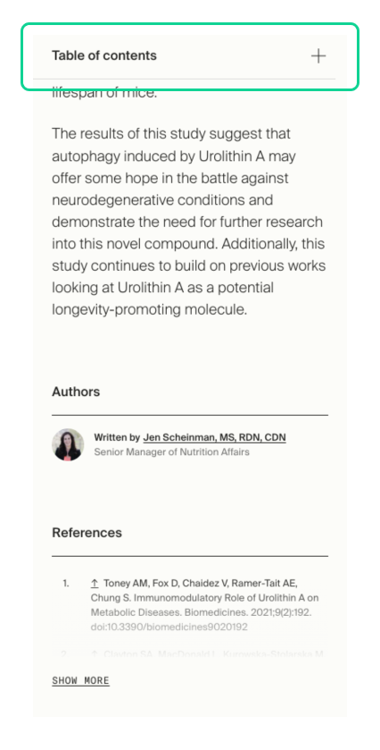 Screenshot of Timeline's blog template on mobile showing the sticky table of contents menu highlighted.