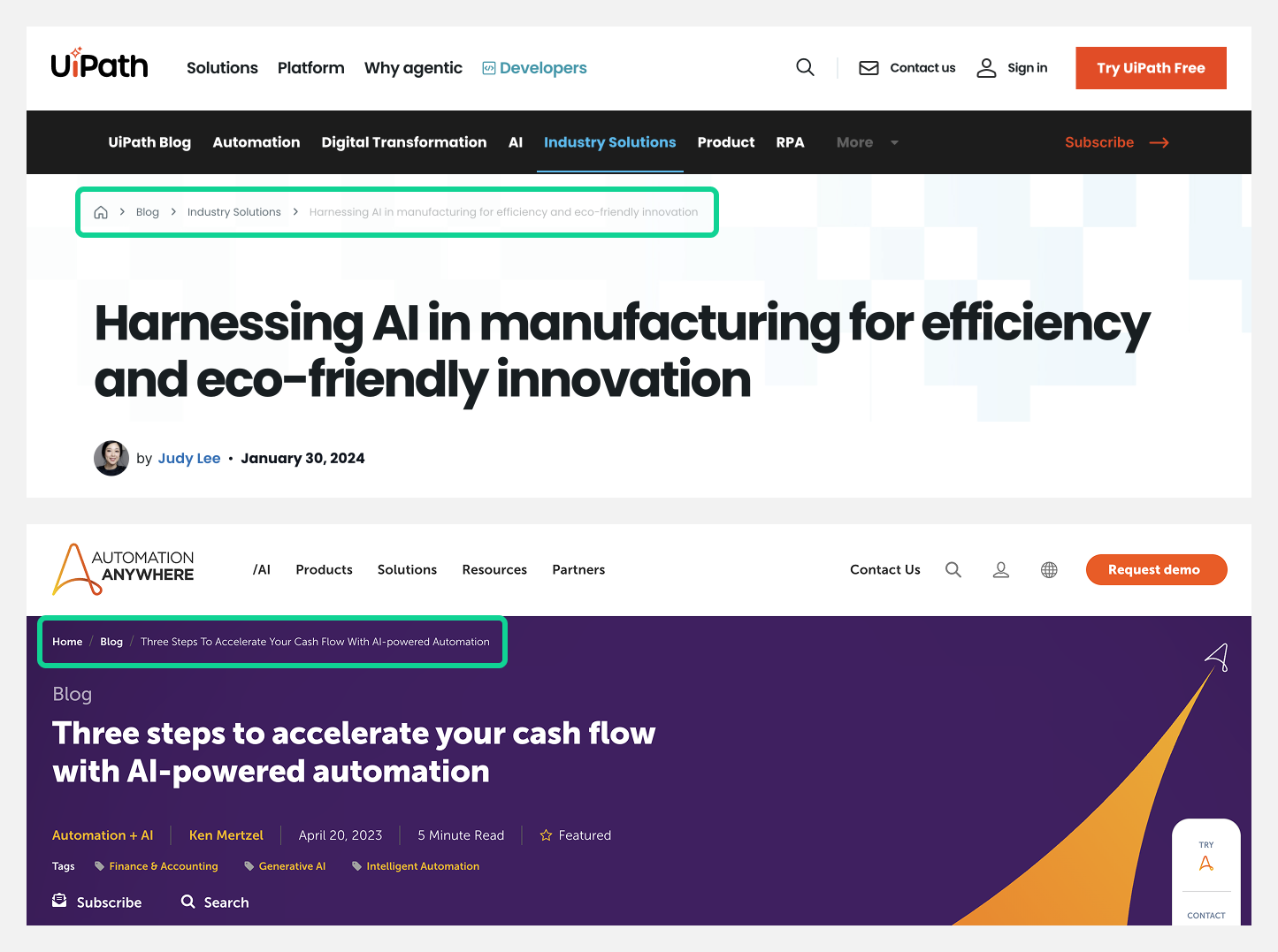 Examples of breadcrumbs on various blogs - UiPath and Automation Anywhere.