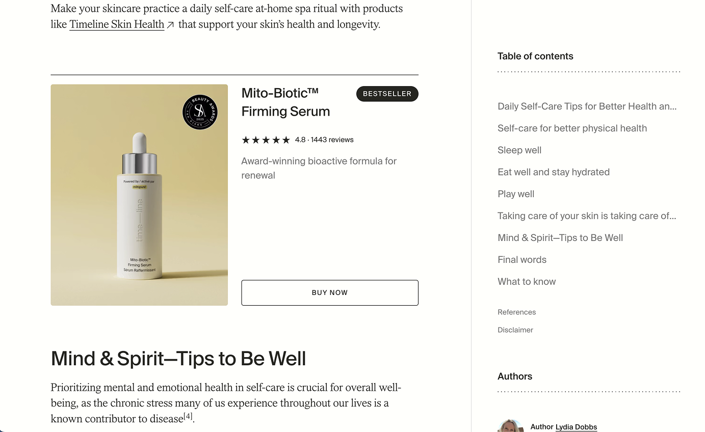 Screenshot showing a product listing CTA in the middle of an article on Timeline's blog.m