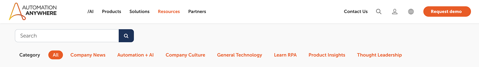 Category filter on Automation Anywhere's blog collection page.