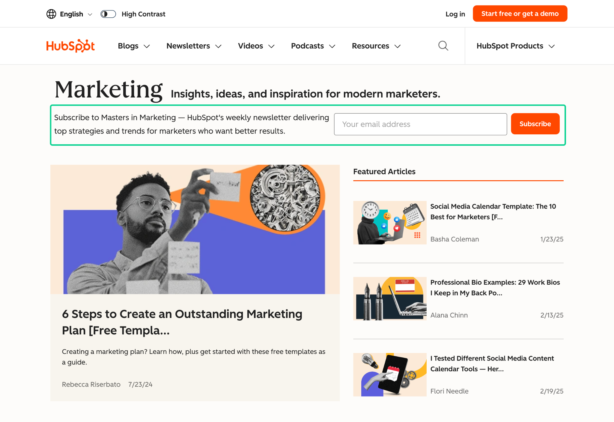 Hubspot's Marketing blog collection with the email subscription form at the top highlighted.