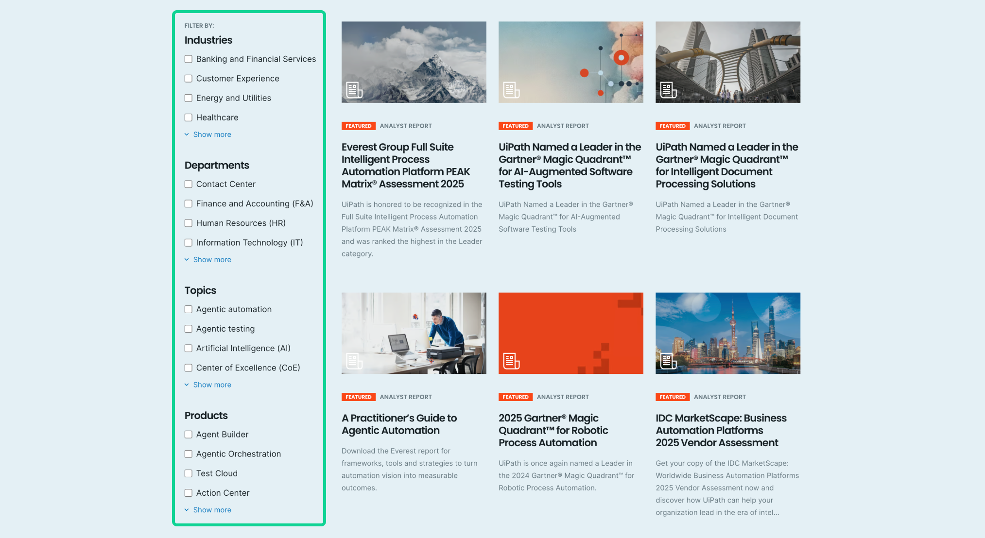The sidebar filters highlighted on UiPath's resource library page.