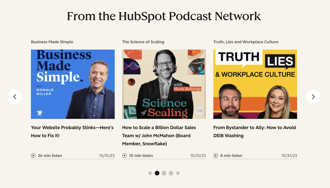 Hubpot's podcast carousel on their blog listing page.
