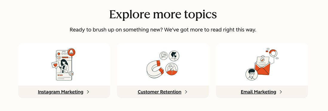 Hubspot's internal linking to other topics on their blog listing page.