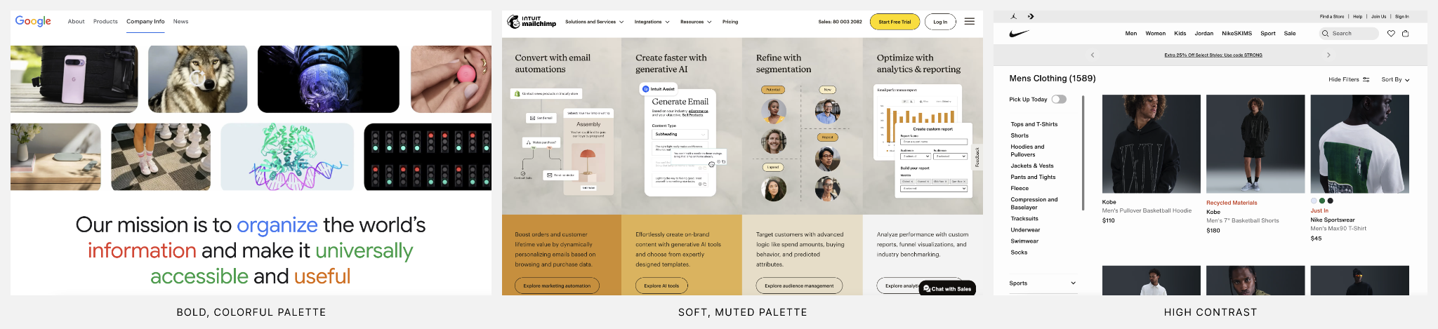 3 examples of different color palettes - Google with a bold, colorful palette. Mailchimp with a soft, muted palette. Nike with a high contrast palette.