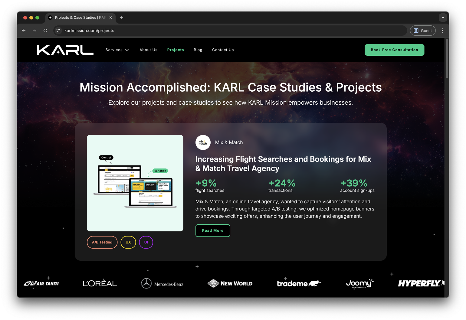 The KARL Mission Projects page showing a feature case study with the results stat prominently shown. +9% flight searches, +24% transactions, +39% account sign-ups.