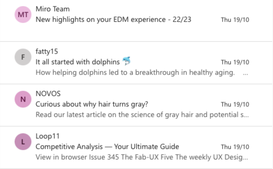 Screenshot of emails in an inbox. The Fatty15 email stands out because of the dolphin emoji in the subject line.