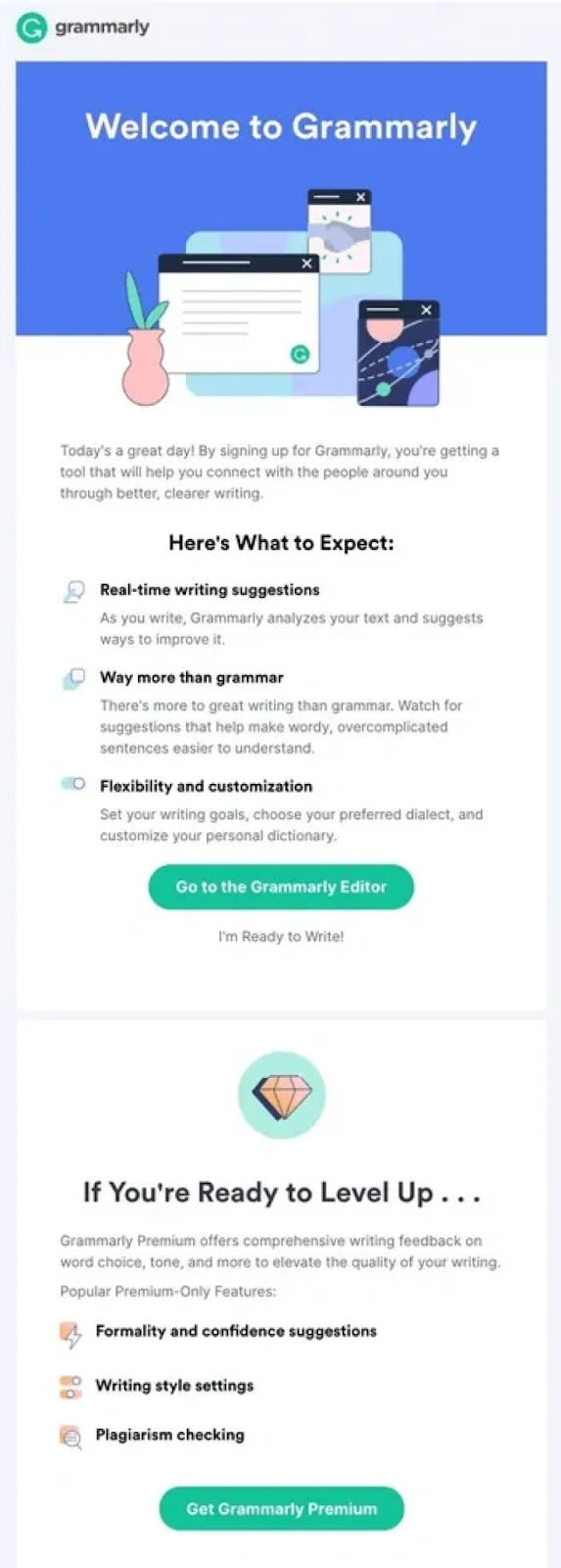 Onboarding email example from Grammarly.