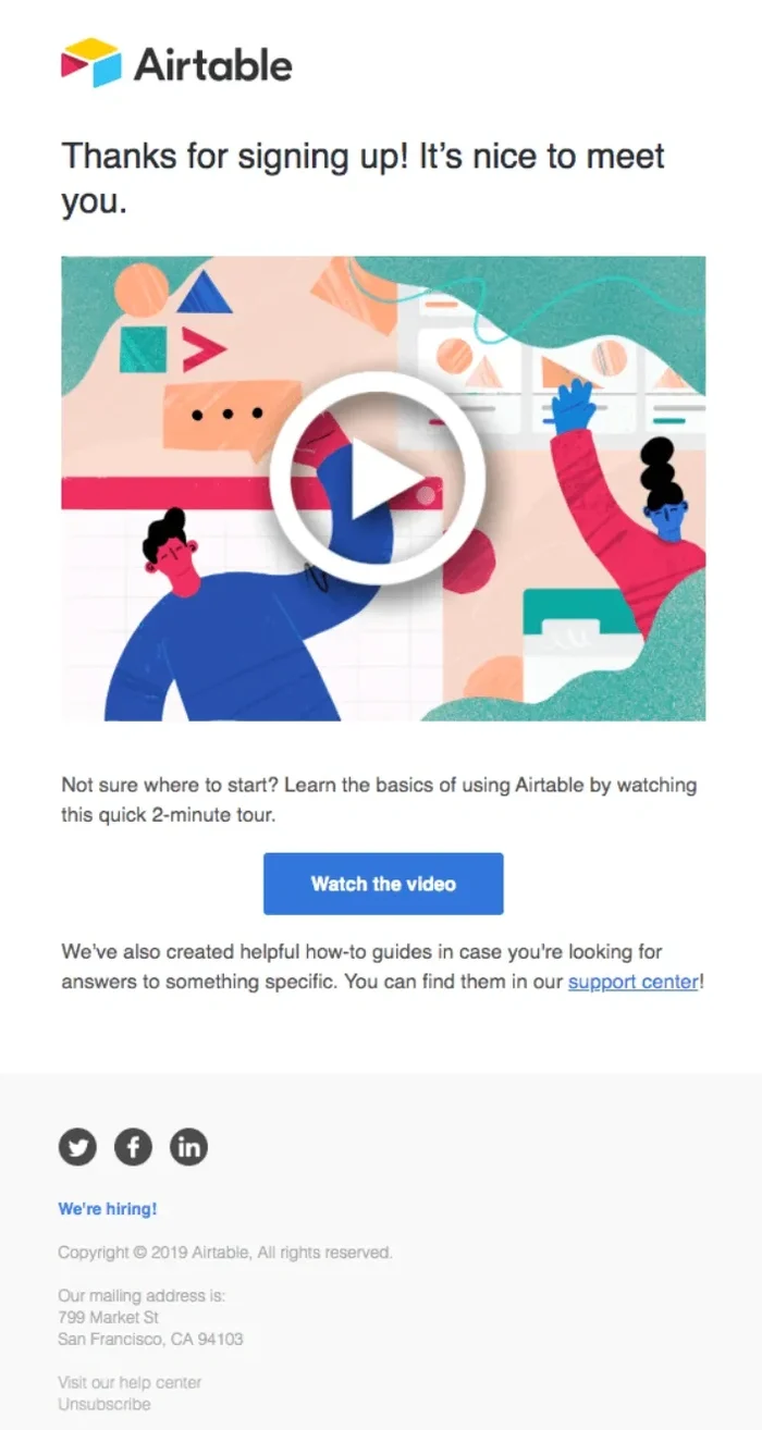Onboarding email example from Airtable.