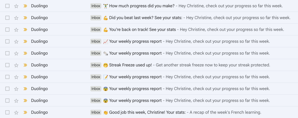 Screenshots of Duolingo emails in an inbox showing various subject lines they use.