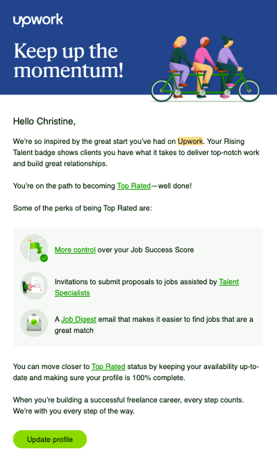 Milestone email example from Upwork.