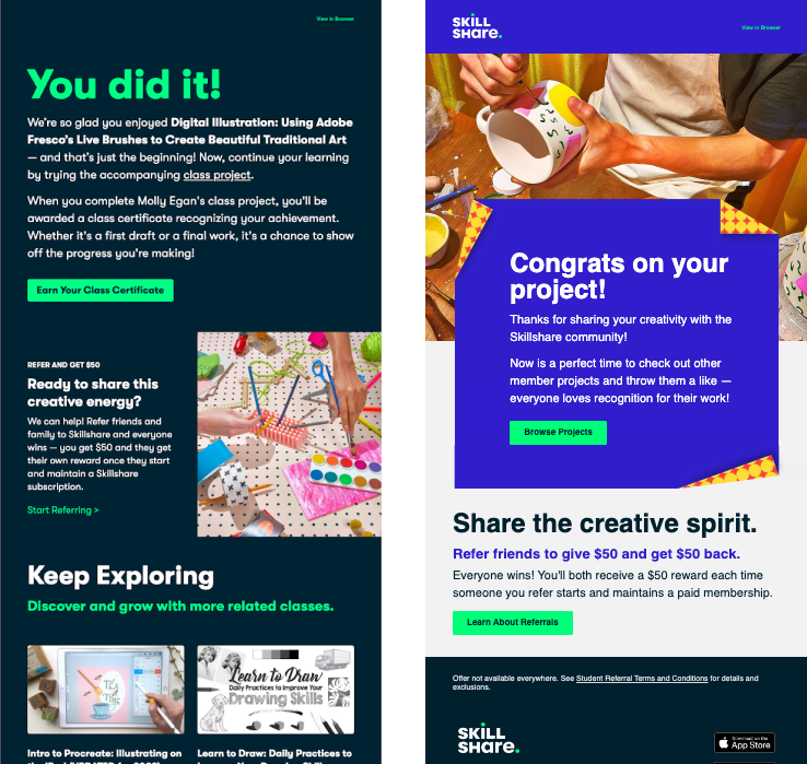 Onboarding email examples from Skillshare.