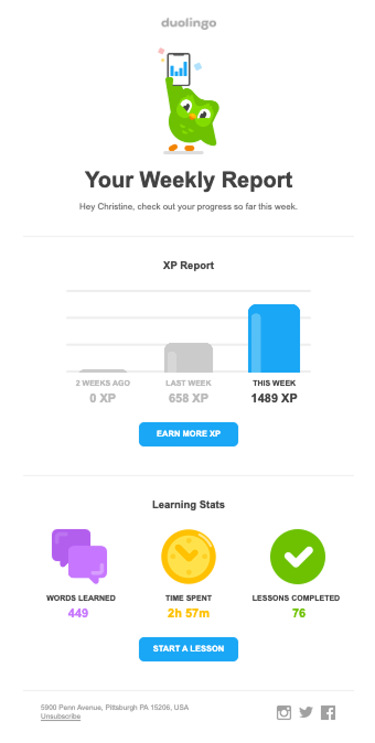 Progress report email example from Duolingo.