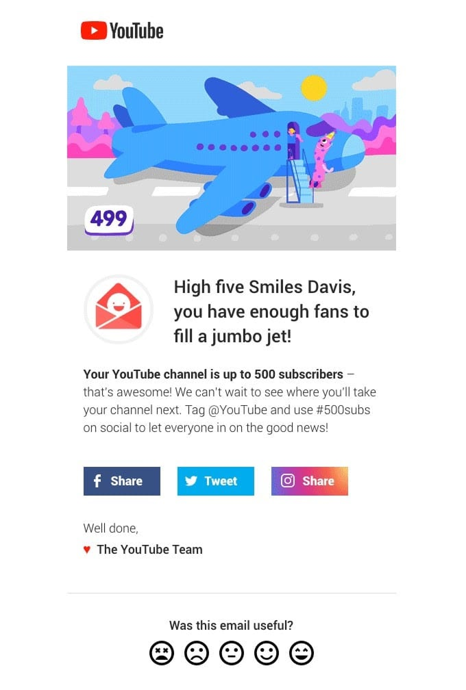 Milestone email example from Youtube.