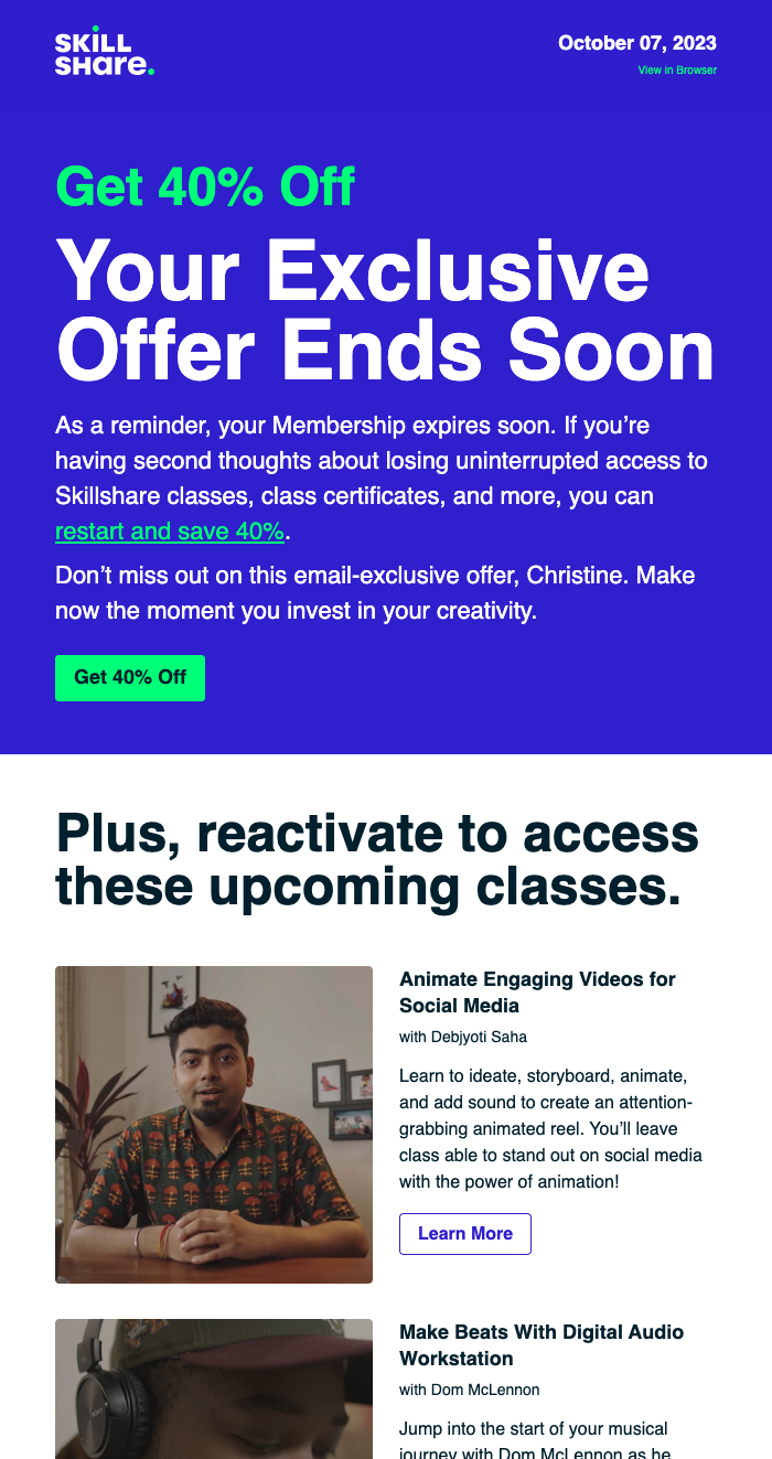 Subscription push email example from Skillshare.