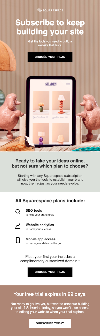 Subscription push email example from Squarespace.