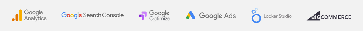 Logos of the data sources: Google Analytics, Google Search Console, Google Optimize, Google Ads, Looker Studio, BigCommerce.