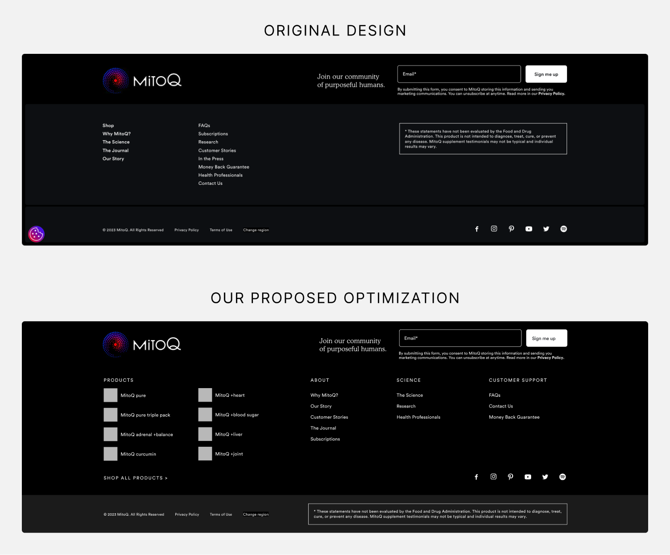 Comparison of original design and proposed optimization for the footer.