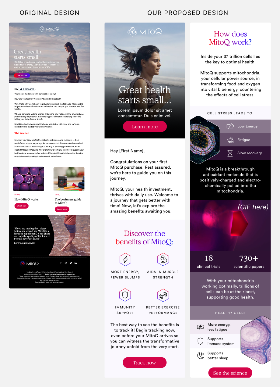 Comparison of original onboarding email design and proposed email design.